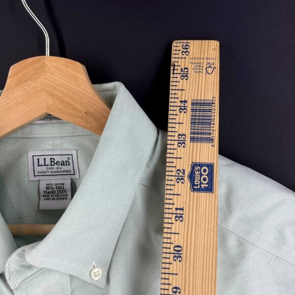 L.L.Bean Mens Short Sleeve Button-Down Shirt 16.5" Tall Green 100% Cotton Made I - Picture 3 of 7